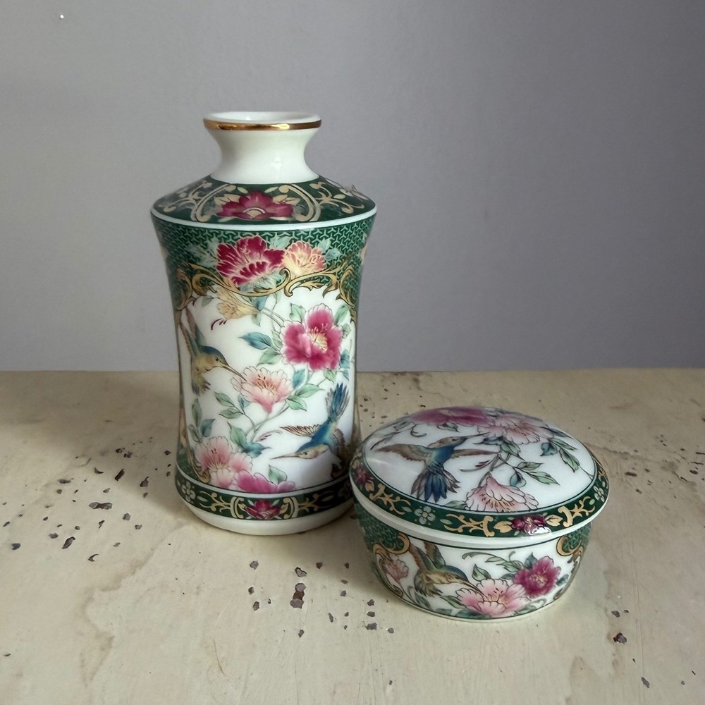 Otagiri Gallery Japan Hummingbird Floral Bud Vase and Trinket Box Set Porcelain
